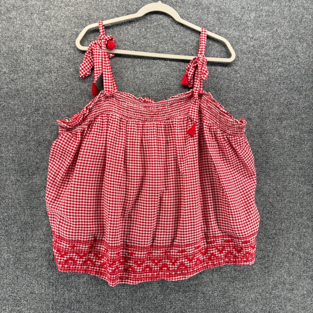 Old Navy Top Womens 2XL Red White Checked Peasant Boho Cottage Prairie Western
